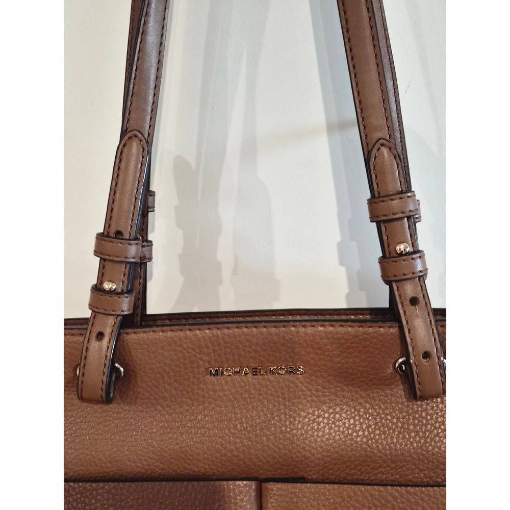 Michael Kors Bedford Medium Pebbled Leather Pocket Tote Bag Acorn Brown Gold - Picture 2 of 13